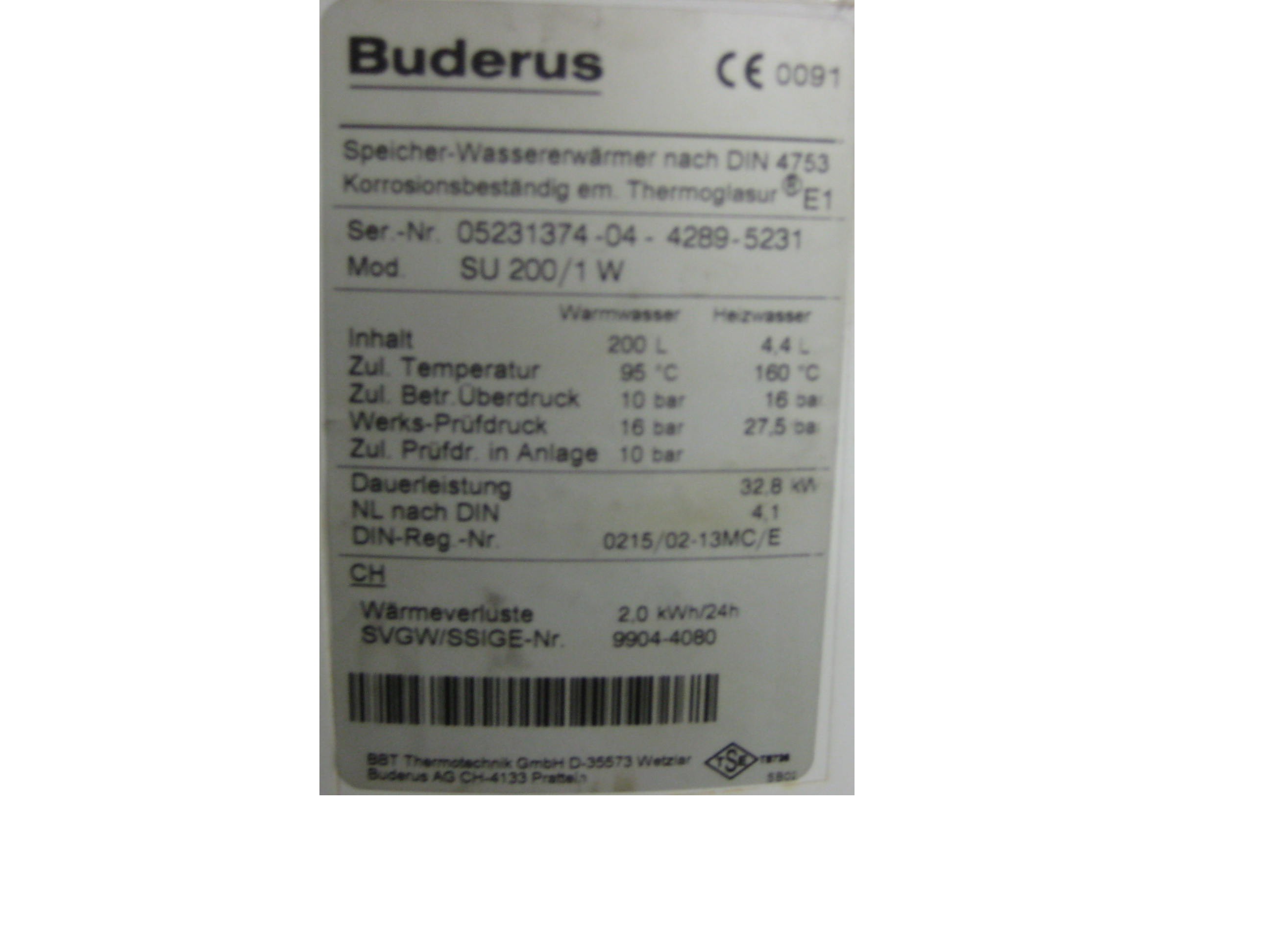 Speicher-Wassererwärmer Buderus SU 200/1W - Elektro Heizung Wasserinstallation - Schramberg